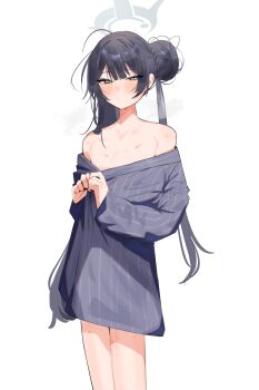 1girl :/ absurdres ahoge alternate_costume black_hair blue_archive blush braid braided_bun clothes_pull commentary double_bun hair_bun half-closed_eyes halo hickey highres kisaki_(blue_archive) long_hair looking_at_viewer petite shirt shirt_pull showtime775 simple_background solo striped_clothes striped_shirt sweat twintails vertical-striped_clothes vertical-striped_shirt very_long_hair white_background