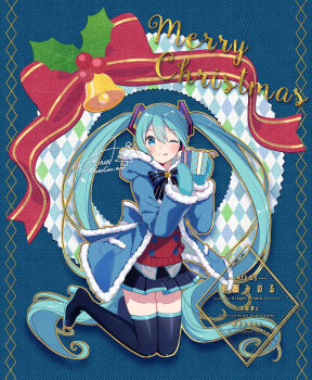1girl aqua_mittens aqua_trim asagao_minoru black_boots blue_bow blue_jacket blush boots bow box closed_mouth commentary_request fur-trimmed_jacket fur-trimmed_sleeves fur_trim gift gift_box grey_shirt hair_between_eyes hair_ornament hatsune_miku holding holding_gift jacket long_hair long_sleeves looking_at_viewer merry_christmas mittens one_eye_closed pleated_skirt shirt skirt smile solo thigh_boots thighhighs tongue tongue_out twintails very_long_hair vocaloid zettai_ryouiki