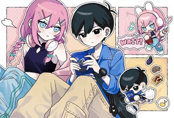 06ori 1boy 1girl antenna_hair aubrey_(birthday)_(omori) aubrey_(faraway)_(omori) aubrey_(omori) bag bag_charm black_bag black_eyes black_hair blue_bow blue_eyes blue_jacket blue_shoes blush bow braid brown_pants cardigan character_bag character_charm character_sticker charm_(object) chibi closed_mouth collared_jacket commentary_request crop_top cup denim double-parted_bangs english_text flying_sweatdrops hair_between_eyes hair_bow hair_ornament hairclip handheld_game_console headphones headphones_around_neck hector_(omori) highres holding holding_cup jacket jeans long_hair looking_at_another low_twin_braids musical_note navel official_alternate_costume official_alternate_hairstyle omori open_cardigan open_clothes open_mouth outline pants parallel_hairclips pink_cardigan pink_hair plastic_bag shoes short-sleeved_jacket short_hair short_sleeves sidelocks sneakers something_(omori) speech_bubble spoken_musical_note sticker sunny_(birthday)_(omori) sunny_(omori) sweatdrop torn_clothes torn_jeans torn_pants twin_braids watch white_outline wristwatch