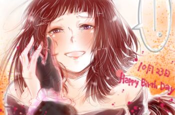 1girl anita_(d.gray-man) bare_shoulders black_gloves black_shirt blunt_bangs blush brown_hair commentary_request cross_marian d.gray-man english_text frilled_shirt frills gloves gradient_background hair_over_shoulder hand_on_another's_face hand_on_another's_hand happy_birthday kozuuu lips long_hair looking_at_another looking_at_viewer mature_female off-shoulder_shirt off_shoulder open_mouth orange_background pink_lips purple_eyes shirt single_glove smile speech_bubble tears white_background white_shirt