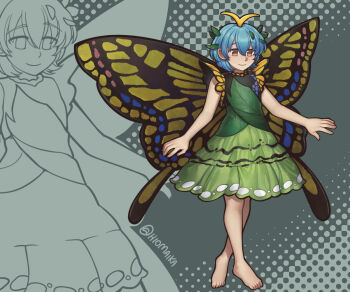 1girl antennae arthropod_girl barefoot blue_hair blue_trim blue_wings brown_eyes butterfly_girl butterfly_wings closed_mouth commentary crossed_bangs double-parted_bangs dress english_commentary eternity_larva frilled_dress frills full_body green_dress grey_background hair_between_eyes halftone halftone_background hidden_star_in_four_seasons insect_wings layered_dress leaf_in_hair monochrome_background multicolored_wings shg_(hiomaika) short_hair sleeveless sleeveless_dress smile solo touhou twitter_username wings yellow_trim yellow_wings zoom_layer