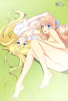 00s 2007 2girls :o absurdres ahoge aqua_eyes ass barefoot blonde_hair blue_eyes blush breasts brown_hair cameltoe cleavage dress_shirt embarrassed feet fetal_position fingernails from_above fujii_maki grin hair_between_eyes hair_spread_out highres holding_hands kyoushirou_to_towa_no_sora legs long_fingernails long_hair looking_at_viewer looking_back lying megami_magazine multiple_girls navel no_bra official_art on_back on_side open_clothes open_mouth open_shirt orange_hair panties parted_lips scan setsuna shadow shiratori_kuu shirt sideboob sleeves_rolled_up smile surprised thong toes topless_female underwear underwear_only very_long_hair volume80 white_panties yuri