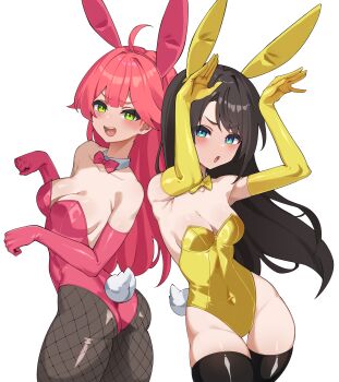 Rule 34 | 2girls, :d, :o, absurdres, ahoge, alternate costume, animal ear hairband, animal ears, armpits, ass, backless leotard, black hair, black thighhighs, blue eyes, bow, bowtie, breasts, center-flap bangs, cleavage, commentary, covered navel, detached collar, double-parted bangs, duck tail, elbow gloves, english commentary, fake animal ears, fake tail, fishnet pantyhose, fishnets, gloves, green eyes, hairband, hakimen, highleg, highleg leotard, highres, hololive, leotard, long hair, looking at viewer, multiple girls, oozora subaru, open mouth, pantyhose, paw pose, pink bow, pink bowtie, pink gloves, pink hair, pink leotard, playboy bunny, rabbit ear hairband, rabbit ears, rabbit pose, sakura miko, simple background, smile, strapless, strapless leotard, swept bangs, tail, teeth, thigh gap, thighhighs, traditional bowtie, upper teeth only, virtual youtuber, white background, yellow bow, yellow bowtie, yellow gloves, yellow leotard