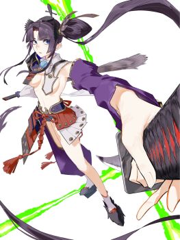 1girl armor asymmetrical_clothes asymmetrical_sleeves bikini_armor black_hair blue_eyes blue_panties breast_curtains breasts detached_sleeves fate/grand_order fate_(series) feather_hair_ornament feathers foreshortening full_body hair_ornament hat highres holding holding_sword holding_weapon japanese_armor katana kusazuri long_hair mismatched_sleeves panties purple_sleeves revealing_clothes shanaoh shoulder_armor side_ponytail single_pantsleg sode solo sword tate_eboshi underwear ushiwakamaru_(fate) ushiwakamaru_(second_ascension)_(fate) weapon