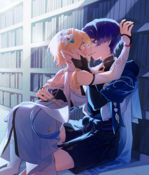1boy 1girl absurdres against_bookshelf aqua_flower arm_up armor belt bent_over black_belt black_bodysuit black_bow black_bridal_gauntlets black_corset black_shorts blonde_hair blue_cape blue_kimono blue_trim blunt_ends blush bodysuit bookshelf bow breasts bridal_gauntlets cape corset cross-laced_clothes cross-laced_corset dress embarrassed eye_contact eyeliner eyeshadow face-to-face fingernails flower furisode genshin_impact girl_on_top gold_ring hair_flower hair_ornament hakama hakama_shorts halterneck hand_in_another&#039;s_hair hand_on_another&#039;s_back hetero highres imminent_kiss indoors japanese_armor japanese_clothes juban kabedon kimono kote kurokote kykuma4 large_breasts light_particles looking_at_another lumine_(genshin_impact) makeup mandarin_collar middle_ring multicolored_flower open_clothes open_hand open_kimono open_mouth pleated_shorts purple_eyes purple_hair purple_rope purple_sash red_eyeliner red_eyeshadow rope sash scaramouche_(genshin_impact) short_hair short_hair_with_long_locks shorts shoulder_blades sideboob sidelocks sitting tareme thighhighs tsurime twitter_username wanderer_(genshin_impact) white_dress white_flower white_kimono white_thighhighs white_trim wide-eyed yellow_eyes