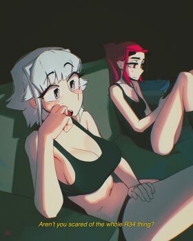 2girls black_background black_panties black_sports_bra black_tank_top blunt_bangs breasts cleavage closed_mouth couch elbow_rest english_text grey_eyes grey_hair highres large_breasts multiple_girls on_couch open_mouth original panties red_eyes red_hair shibansfw short_hair sitting sports_bra talking tank_top underwear