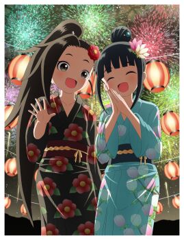 2girls absurdres aerial_fireworks black_hair closed_eyes collarbone dot_nose female_focus fireworks flower hair_bun hair_flower hair_ornament highres ishigakiseiya japanese_clothes kimono kunoichi_tsubaki_no_mune_no_uchi lantern mokuren_(kunoichi_tsubaki_no_mune_no_uchi) mountain multiple_girls night night_sky open_mouth outdoors own_hands_together ponytail sky standing tsubaki_(kunoichi_tsubaki_no_mune_no_uchi) waving yukata