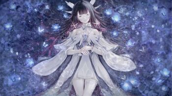 1girl absurdres bare_shoulders black_butterfly black_hair blue_flower bow breasts bug butterfly closed_eyes closed_mouth columbina_(genshin_impact) commentary dress english_commentary eye_mask facing_viewer feet_out_of_frame flower from_above genshin_impact gradient_hair hair_ornament hair_spread_out hands_on_own_stomach highres insect long_hair lying mask multicolored_hair off-shoulder_dress off_shoulder on_back pantyhose purple_hair renoahh revision small_breasts smile solo very_long_hair white_bow white_dress white_pantyhose wing_hair_ornament