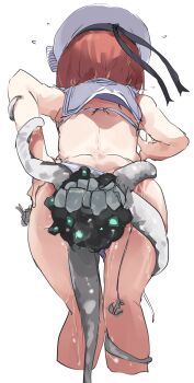 1girl absurdres abyssal_ship anchor bikini brown_hair cropped_legs enemy_naval_mine_(kancolle) flying_sweatdrops from_behind hat highres kantai_collection make_maketan sailor_bikini sailor_collar sailor_hat short_hair simple_background swimsuit tentacles white_background white_bikini white_headwear z3_max_schultz_(kancolle) z3_max_schultz_(swimsuit)_(kancolle)
