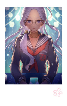 1girl absurdres bindi black_sailor_collar black_shirt card commentary_request dark-skinned_female dark_skin fate/extra fate/extra_ccc fate_(series) glasses highres long_hair long_sleeves looking_at_viewer neckerchief official_alternate_costume open_mouth purple_eyes purple_hair rani_viii red_neckerchief sailor_collar sanbon_hijiki school_uniform shirt solo table tsukumihara_academy_uniform_(fate/extra_ccc) very_long_hair