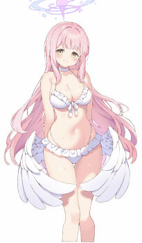 1girl angel_wings bare_arms bare_shoulders bikini blue_archive blush breasts choker cleavage closed_mouth collarbone commentary_request feathered_wings halo highres koishi_(kiwi0314) long_hair low_wings medium_breasts mika_(blue_archive) mika_(swimsuit)_(blue_archive) navel official_alternate_costume official_alternate_hairstyle pink_hair pink_halo simple_background smile solo stomach swimsuit thighs white_background white_bikini white_choker wing_ornament wings yellow_eyes