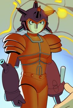 Rule 34 | android, arm cannon, atlas (tetsuwan atom), green eyes, helmet, highres, mo003112, no humans, robot, solo, tetsuwan atom, tetsuwan atom (2003), weapon