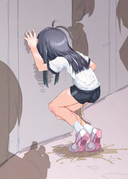 1girl antenna_hair asashio_(kancolle) black_hair black_shorts from_behind gym_shorts gym_uniform hand_on_own_stomach have_to_pee highres indoors kantai_collection long_hair narumiya_(narumiya) pee peeing peeing_self people pink_shoes puddle shirt shoes short_sleeves shorts sneakers socks solo_focus textless_version tiptoes wet wet_clothes wet_shorts white_shirt white_socks