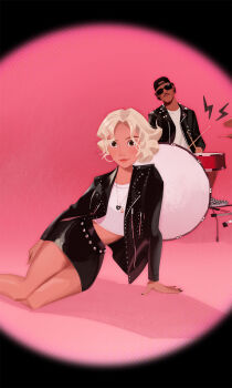 Rule 34 | 1boy, 1girl, absurdres, apt. (rose &amp; bruno mars), black jacket, black nails, black skirt, blonde hair, bruno mars, crop top, drum, drum set, drumsticks, facial hair, hat, highres, holding, holding drumsticks, instrument, jacket, jewelry, korean commentary, leather, leather jacket, leepix x, looking at viewer, mustache, necklace, rose (blackpink), shirt, sidelocks, sitting, skirt, sunglasses, white shirt