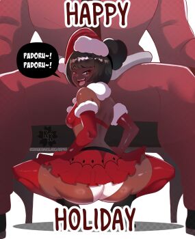 1boy 1girl bra dark-skinned_female dark_skin elbow_gloves english_text gloves happy_holidays hat highres kokoe_(character) kokoe_(pyuncho) looking_at_viewer looking_back microskirt original panties red_bra red_gloves red_hat red_skirt red_thighhighs santa_claus santa_hat sitting skirt squatting thighhighs underwear very_dark_skin white_panties