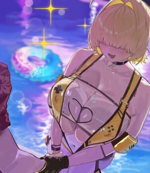 1boy 1girl blonde_hair breasts commentary elegg_(boom_and_shock)_(nikke) elegg_(nikke) goddess_of_victory:_nikke hair_intakes hair_over_eyes highres hintobento holding_hands huge_breasts navel official_alternate_costume one-piece_swimsuit open_mouth outdoors paid_reward_available poolside rabbit_choker short_hair slingshot_swimsuit smile swim_ring swimsuit yellow_one-piece_swimsuit yellow_slingshot_swimsuit