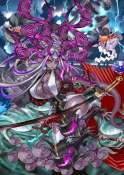 Rule 34 | 1girl, animal, arm at side, arm up, armor, asymmetrical dual wielding, black sclera, black shrug, blue background, blue fire, breasts, caustics, center-flap bangs, cleavage, cloud, collared shrug, colored sclera, colored skin, curvy, dual wielding, eyeshadow, facial mark, fate/grand order, fate (series), fingernails, fire, fish, fishnet top, fishnets, floating, floating hair, full body, game cg, green nails, grey hair, hair rings, holding, holding sword, holding weapon, honjou raita, horns, huge breasts, huge horns, ibuki douji (fate), ibuki douji (malevolent midsummer goddess) (fate), ibuki douji (swimsuit berserker) (fate), japanese armor, katana, kusanagi no tsurugi (fate), leg armor, legs up, lightning, long fingernails, long hair, long pointy ears, long sidelocks, long toenails, looking at viewer, makeup, multicolored hair, multiple horns, official art, outstretched foot, overcast, parted lips, pink eyeshadow, pink fire, pinky out, pointy ears, purple hair, purple skin, red eyes, shide, shrug (clothing), sidelocks, sidelocks tied back, sky, solo, stirrup legwear, stone lantern, storm, streaked hair, sword, thighhighs, third-party source, toeless legwear, toenails, unsheathed, variant set, waist cape, water, weapon, white thighhighs