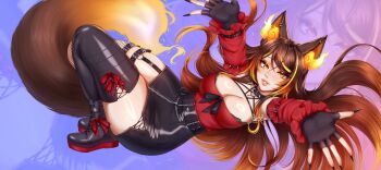 Rule 34 | 1girl, animal ears, arm belt, artist name, asymmetrical legwear, belt, black belt, black boots, black bow, black skirt, black thighhighs, boots, bow, bra, breasts, brown hair, chain, chest harness, cleavage, collar, commentary, detached sleeves, earclip, english commentary, fiery ears, fingerless gloves, fingernails, fire, fishnet thighhighs, fishnets, flame-tipped tail, frilled sleeves, frills, from above, full body, gem, gloves, gradient background, gradient hair, grin, harness, head tilt, high-waist skirt, highres, indie virtual youtuber, jewelry, lace-up boots, large breasts, leg belt, legs together, legwear garter, long fingernails, long hair, looking at viewer, lying, miniskirt, multicolored hair, o-ring, o-ring legwear garter, on back, open hands, orange eyes, orange fire, orange hair, outstretched arms, pencil skirt, purple background, reaching, reaching towards viewer, red bow, red gem, simple background, sinder (sinder 2.0) (vtuber), sinder (vtuber), skindentation, skirt, skull ornament, smile, solo, spiked belt, spiked collar, spikes, studded belt, tail, thick lips, thigh belt, thigh strap, thighhighs, underwear, very long hair, virtual youtuber, w33ping cat, watermark, wolf ears, wolf girl, wolf tail, zipper skirt, zoom layer