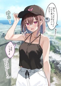 1girl 1other bare_shoulders baseball_cap black_tank_top blue_sky blush breasts brown_hair collarbone commentary_request hair_between_eyes hat hawawa-chan's_sister_(sirokuma_shake) medium_breasts original outdoors purple_eyes red_eyes shorts sirokuma_shake sky solo_focus speech_bubble tank_top translation_request white_shorts