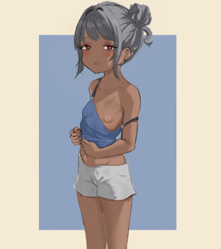 1girl bare_shoulders blue_background blue_camisole blush breasts camisole clothes_lift collarbone dark-skinned_female dark_skin flat_chest grey_hair grey_shorts hair_bun lifting_own_clothes loli looking_at_viewer mole mole_under_mouth navel nipples one_breast_out open_mouth original red_eyes s714488 short_hair short_shorts shorts simple_background single_hair_bun small_breasts solo strap_slip sweat tan two-tone_background white_shorts
