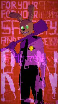 1boy axe blouse character_mask five_nights_at_freddy&#039;s five_nights_at_freddy&#039;s_3 glowing glowing_eyes green_eyes holding holding_axe mask mask_on_head necktie purple_shirt rhinocerus_(hetalia_e) security_guard shirt solo springtrap william_afton