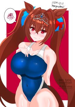 1girl absurdres animal_ears blush breasts brown_hair commentary_request competition_swimsuit covered_navel daiwa_scarlet_(umamusume) dated hair_between_eyes hair_intakes highleg highres hitokusoru623hs horse_ears horse_girl horse_tail large_breasts long_hair looking_at_viewer one-piece_swimsuit red_background red_eyes smile solo swimsuit tail tiara twintails twitter_username umamusume very_long_hair white_background