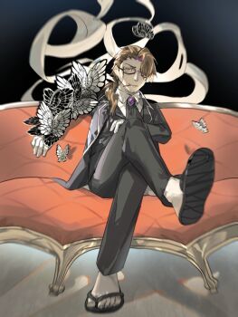 Rule 34 | 1boy, ascot, beard stubble, black ascot, black pants, black sandals, black suit, brooch, brown eyes, brown hair, bug, butterfly, butterfly on hand, collared shirt, couch, crossed legs, curtained hair, e.g.o (project moon), facial hair, formal clothes, from below, gloves, gregor (project moon), hair over one eye, hand on own hip, highres, insect, jacket, jewelry, lapels, limbus company, male focus, medium hair, notched lapels, on couch, pants, project moon, rectangular eyewear, sandals, semi-rimless eyewear, shirt, shoggoth (sirens20211), smoking, solemn lament (e.g.o), stubble, suit, white gloves