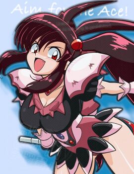 Rule 34 | 1girl, artist name, breasts, brown hair, character request, cleavage, dated, english text, fang, gloves, highres, kouma bonmaid, large breasts, leaning forward, legs, long hair, looking at viewer, red eyes, smile, teeth, thighs, tongue, twintails