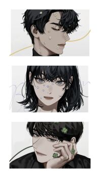 1girl 2boys aegyo_sal black_eyes black_hair blackbox_(blackbox9158) bob_cut closed_eyes clover column_lineup curtained_hair daisy_(flower) expressionless falling_petals flower hair_between_eyes half-closed_eyes han_sooyoung hand_on_own_chin head_rest head_tilt highres kim_dokja looking_at_viewer multiple_boys omniscient_reader&#039;s_viewpoint petals portrait short_hair smirk yoo_joonghyuk