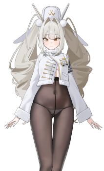 Rule 34 | 1girl, absurdres, armband, black armband, black pantyhose, blanc (fortune express) (nikke), blanc (nikke), blush, coat, crotch seam, fur-trimmed collar, fur trim, goddess of victory: nikke, hair ornament, high-waist pantyhose, highres, holypotato0, long hair, long sleeves, looking at viewer, navel, no pants, panties, panties under pantyhose, pantyhose, seamed legwear, see-through pantyhose, simple background, solo, standing, thigh gap, twintails, underwear, very long hair, white background, winter clothes, winter coat