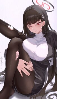 1girl absurdres ass black_hair black_pantyhose blazer blue_archive breasts hair_ornament hairclip halo highres jacket large_breasts long_hair looking_at_viewer pantyhose pleated_skirt red_eyes rio_(blue_archive) sitting skirt solo sweater torn_clothes torn_pantyhose turtleneck turtleneck_sweater white_sweater yyfuu