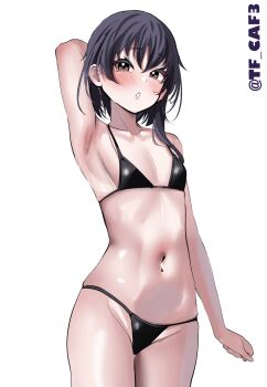 1girl absurdres arm_behind_head arm_up armpits bikini black_bikini black_hair blush breasts brown_eyes collarbone cowboy_shot crossed_bangs hair_between_eyes hashtag-only_commentary highres i-13_(kancolle) kantai_collection looking_at_viewer medium_hair micro_bikini navel one-hour_drawing_challenge open_mouth sidelocks simple_background skindentation small_breasts solo standing stomach string_bikini swimsuit tf_cafe thighs twitter_username white_background