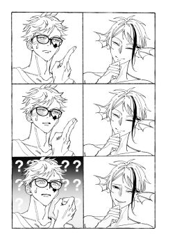 Rule 34 | 2boys, ?, ??, club (shape), club facial mark, commentary request, eel boy, facial mark, fins, glasses, head fins, heterochromia, highres, implied yaoi, insertion threshold (meme), jade leech, jade leech (eel), meme, miyaii17, multicolored hair, multiple boys, semi-rimless eyewear, sharp teeth, short hair, simple background, smile, streaked hair, teeth, trey clover, twisted wonderland, under-rim eyewear, upper body, white background