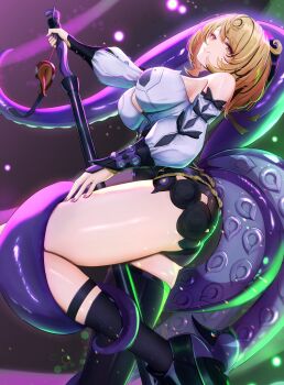 1girl absurdres arm_up bare_shoulders beret between_legs black_hat black_shorts blonde_hair breasts button_gap cleavage closed_mouth commentary_request cowlick detached_sleeves from_side gao_kawa hand_on_own_leg hat high-waist_shorts highres holding holding_weapon large_breasts mole mole_under_mouth monster_girl outstretched_arm purple_eyes purple_nails shirt shirt_tucked_in short_hair shorts single_thighhigh smile solo suction_cups tentacle_girl tentacle_tail tentacles thighhighs weapon white_shirt yidhari_murphy zenless_zone_zero