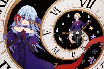 1boy 1girl :o analog_clock black_background black_gloves black_pants blonde_hair blood bloody_tears blue_choker blue_dress blue_eyes blue_flower blue_hair blue_jacket blue_ribbon blue_rose choker claire_elford clock clock_hands collared_shirt cowboy_shot cross-laced_clothes cross-laced_dress curtained_hair dress elbow_gloves floral_background flower flower_over_eye gem gloves hair_between_eyes hair_ribbon holding holding_gem jacket long_hair looking_at_viewer musical_note neck_ribbon noel_levine off-shoulder_dress off_shoulder pants puffy_short_sleeves puffy_sleeves red_gemstone red_ribbon ribbon role_reversal rose shirt short_hair short_sleeves sitting spiral star_(symbol) star_handsanit sweatdrop white_shirt witch&#039;s_heart