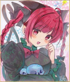 animal_ears blunt_bangs blush bow bowtie braid breasts cat_ears cat_girl commentary_request extra_ears fang highres hoshi_tea_party juliet_sleeves kaenbyou_rin long_sleeves looking_at_viewer medium_hair open_mouth puffy_sleeves red_bow red_bowtie red_eyes red_hair side_braids signature skin_fang skull touhou traditional_media twin_braids upper_body white_background