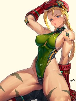 1girl 2025 absurdres arm_support bare_shoulders beret black_boots blonde_hair blue_eyes bodypaint boots braid braided_ponytail breasts cammy_white character_name commentary covered_erect_nipples covered_navel english_commentary facial_scar fingerless_gloves gloves gluteal_fold green_leotard grey_background hand_on_headwear hat hichi highleg highleg_leotard highres large_breasts leotard long_sleeves looking_at_viewer parted_lips red_gloves red_hat scar scar_on_cheek scar_on_face sideboob signature simple_background solo spread_legs squatting street_fighter union_jack