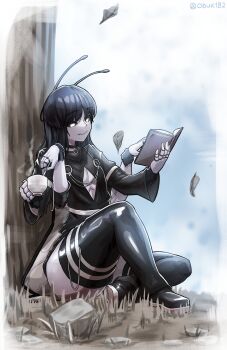 1boy absurdres antennae black_coat black_eyes black_hair black_shoes black_thighhighs book bright_pupils bug coat commission cup falling_leaves grass highres holding holding_book holding_cup leaf leaning_on_object long_hair long_sleeves looking_at_object obuk182 original personification rock shoes spider steam stirring thighhighs trap tree twitter_username white_pupils