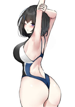 1girl ;o arm_up armpits ass back black_hair black_one-piece_swimsuit blue_one-piece_swimsuit blush breasts commentary_request competition_swimsuit hair_ornament hairclip highres large_breasts liya looking_at_viewer medium_hair multicolored_swimsuit one-piece_swimsuit one_eye_closed open_mouth original purple_eyes simple_background sketch solo standing swimsuit white_background white_one-piece_swimsuit