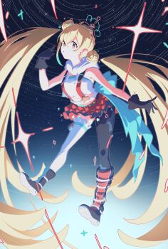 1girl absurdres ahoge asymmetrical_footwear asymmetrical_legwear black_boots black_gloves black_thighhighs blonde_hair boots crop_top crown detached_hair detached_hood double_bun dynamic_pose facial_mark gloves green_boots green_ribbon hair_between_eyes hair_bun highres long_hair midriff mini_crown multicolored_boots red_boots red_eyes red_skirt reject_(esports) ribbon sgmt_proxy skirt solo space star-shaped_pupils star_(symbol) suspenders symbol-shaped_pupils thighhighs tooko_(vtuber) twintails very_long_hair virtual_youtuber white_thighhighs