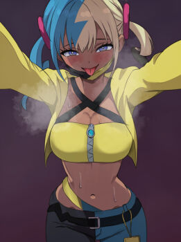 1girl :d arms_up belt black_belt black_pants blonde_hair blue_eyes blue_hair blue_pants blush breasts canari_(pokemon) cleavage crop_top cropped_jacket dark-skinned_female dark_skin ingxerl jacket large_breasts looking_at_viewer mask_pull midriff multicolored_hair navel nintendo open_clothes open_jacket open_mouth pants pokemon pokemon_legends:_z-a purple_background simple_background smile solo split-color_hair stomach sweat tongue tongue_out twintails two-tone_hair two-tone_pants yellow_jacket zipper_pull_tab