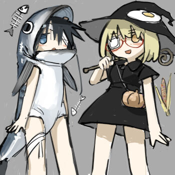 2girls :d bandage_over_one_eye bandaged_leg bandages black_hair blonde_hair blue_eyes blush corn egg_yolk fish_skeleton fish_costume food food_on_head fried_egg grey_background halloween_bucket halloween_costume highres multiple_girls mushroom_on_head object_on_head open_mouth semi-rimless_eyewear shimeji_simulation sketch smile tsukishima_shijima tsukumizu_yuu witch yamashita_majime yellow_eyes