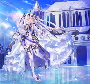 1girl absurdres blush breasts bride capelet church clothing_cutout dragon_wings dress elbow_gloves fate/grand_order fate_(series) forked_eyebrows full_body gloves hair_ribbon highres horns klash long_hair looking_at_viewer melusine_(celebratory_attire)_(fate) melusine_(fate) navel_cutout open_mouth outstretched_arms outstretched_hand pelvic_curtain ribbon showgirl_skirt sidelocks small_breasts smile solo standing thighhighs twintails wedding white_capelet white_dress white_gloves white_hair white_thighhighs wings yellow_eyes