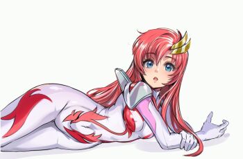 1girl :o blue_eyes bodysuit breasts commentary_request covered_erect_nipples covered_navel gundam gundam_seed gundam_seed_freedom hair_ornament huo_ji_wu impossible_bodysuit impossible_clothes lacus_clyne long_hair looking_at_viewer lying medium_breasts oekaki on_side open_mouth pink_hair solo white_bodysuit