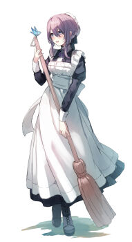 1girl aoto_neko apron bird bird_on_object blush boots broom commentary_request dress fang full_body hair_between_eyes hair_bun highres holding holding_broom juliet_sleeves long_dress long_sleeves maid maid_apron maid_headdress open_mouth original puffy_sleeves purple_hair sidelocks simple_background smile solo standing white_apron white_background