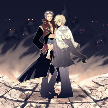 Rule 34 | 2boys, black coat, blonde hair, brown hair, closed mouth, coat, commentary request, dated commentary, eyes in shadow, eyewear on head, full body, glasses, gold trim, grey jacket, grey pants, jacket, jacket on shoulders, long sleeves, looking at viewer, lowres, male focus, monk (ragnarok online), multicolored coat, multiple boys, oomojiya, pants, priest (ragnarok online), ragnarok online, red coat, short hair, smile, standing, tile floor, tiles, two-tone coat, white jacket