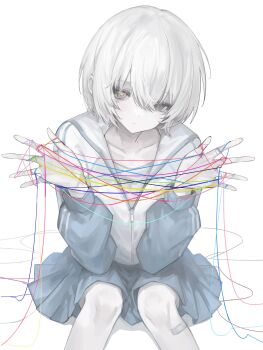 1girl bandaid bandaid_on_leg blue_skirt collarbone grey_eyes hair_between_eyes hands_up heterochromia highres jacket looking_at_viewer open_clothes open_jacket original pale_skin pleated_skirt short_hair simple_background sitting skirt solo string string_around_finger track_jacket white_background white_hair zi_qi_xiang