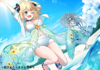 2girls anisphia_wynn_palettia arms_up artist_name beach bikini black_ribbon blue_choker blue_sky blush choker commentary_request day dress dutch_angle euphyllia_magenta floral_print green_eyes grey_hair hair_ribbon holding holding_umbrella jacket kisaragi_yuri long_hair midair multiple_girls navel ocean official_art one_eye_closed open_mouth outdoors parasol purple_eyes ribbon sandals second-party_source sky smile swimsuit tensei_oujo_to_tensai_reijou_no_mahou_kakumei umbrella white_bikini white_dress white_jacket white_umbrella yellow_ribbon