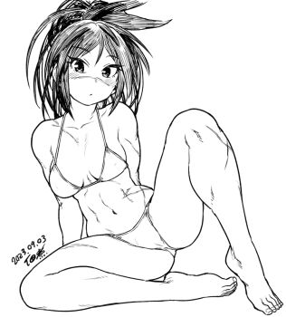 1girl arm_support bare_shoulders black_hair blush breasts collarbone dated feet forehead isekai_samurai legs looking_at_viewer medium_breasts monochrome multiple_scars muscular muscular_female ponytail scar scar_on_face scar_on_leg scar_on_nose scar_on_stomach signature simple_background sitting soles solo thighs toes tsukitsuba_ginko tsukudani_(coke-buta) white_background