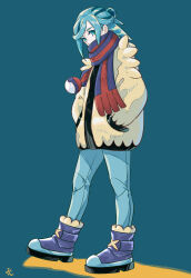 Rule 34 | 1boy, boots, creatures (company), eyelashes, full body, game freak, green eyes, green hair, grusha (pokemon), hands in pockets, highres, jacket, looking down, male focus, min (myna8247), nintendo, pants, poke ball print, pokemon, pokemon sv, scarf, scarf over mouth, signature, solo, standing, striped clothes, striped scarf, yellow jacket